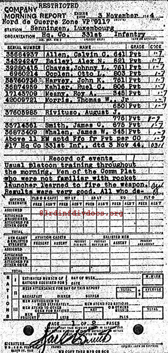 Morning report HQCO Co, 1944-11-03, page 1 Morning report