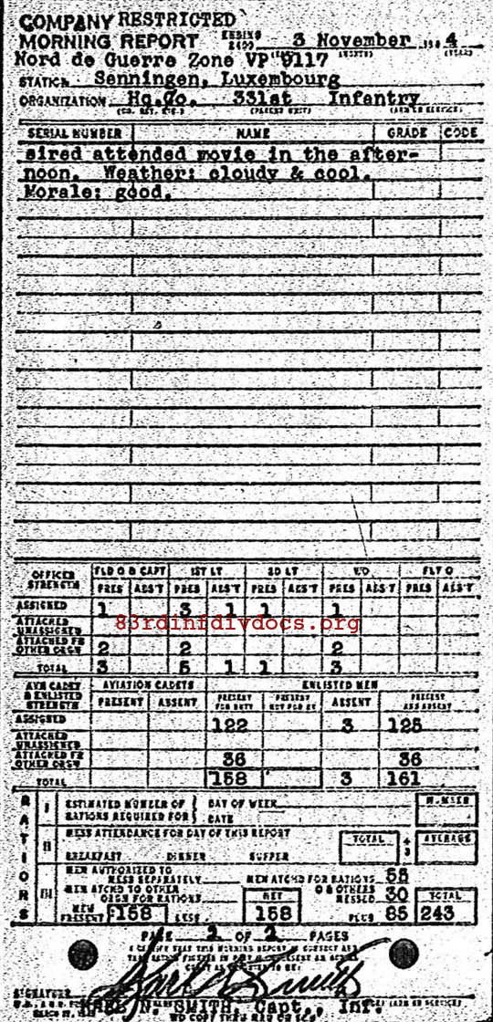 Morning report HQCO Co, 1944-11-03, page 2 Morning report