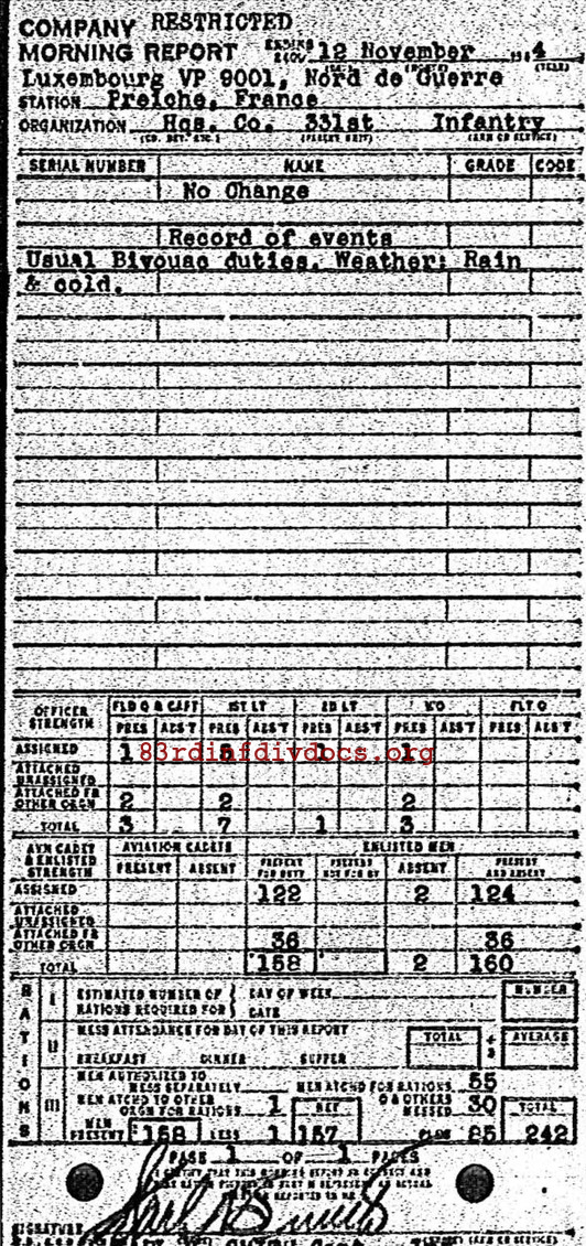 Morning report HQCO Co, 1944-11-12, page 1 Morning report