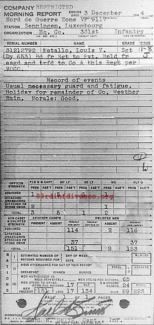 Morning report HQCO Co, 1944-12-03, page 1 Morning report