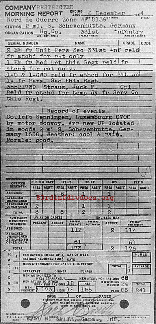 Morning report HQCO Co, 1944-12-06, page 1 Morning report