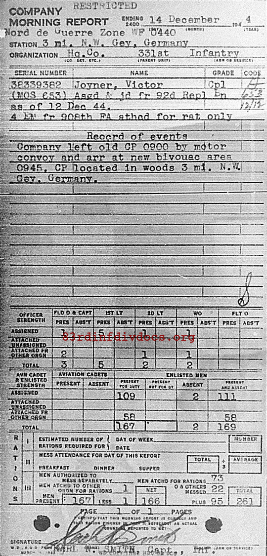Morning report HQCO Co, 1944-12-14, page 1 Morning report