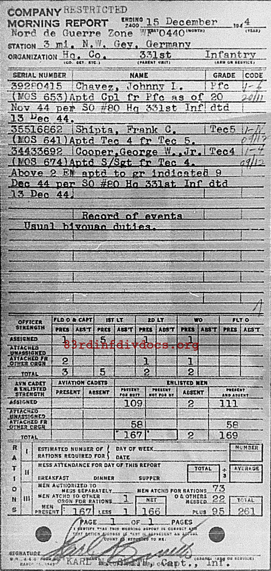 Morning report HQCO Co, 1944-12-15, page 1 Morning report