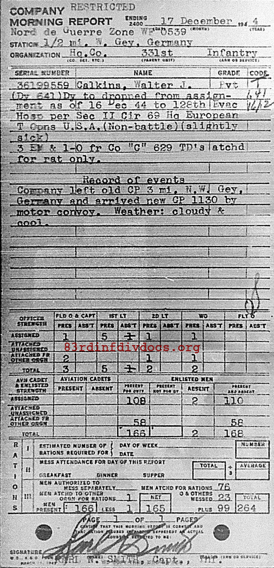 Morning report HQCO Co, 1944-12-17, page 1 Morning report
