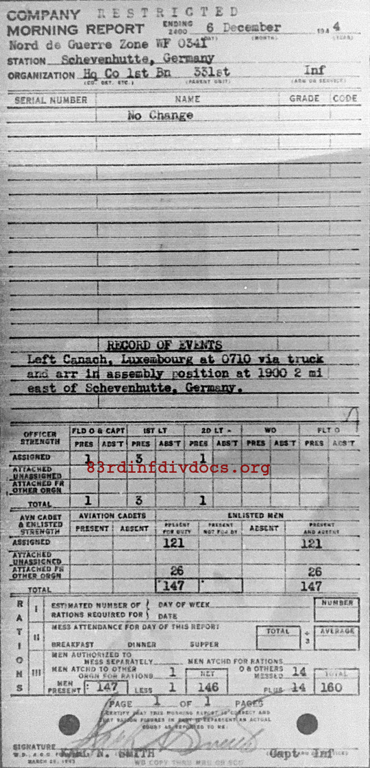 Morning report HQCO1BN Co, 1944-12-06, page 1 Morning report