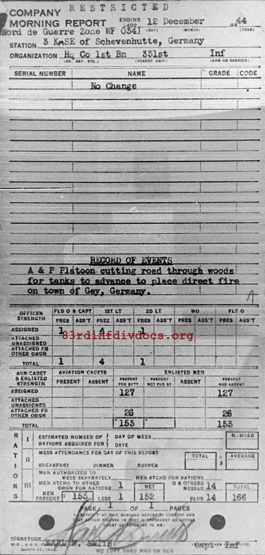 Morning report HQCO1BN Co, 1944-12-12, page 1 Morning report