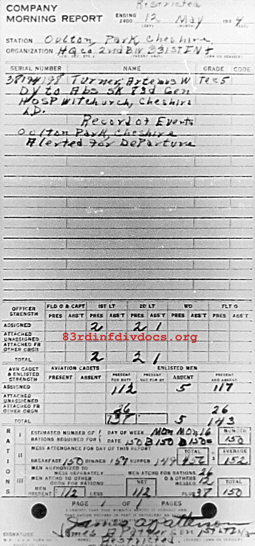 Morning report HQCO2BN Co, 1944-05-12, page 1 Morning report