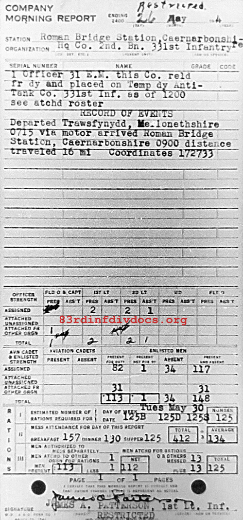 Morning report HQCO2BN Co, 1944-05-26, page 1 Morning report