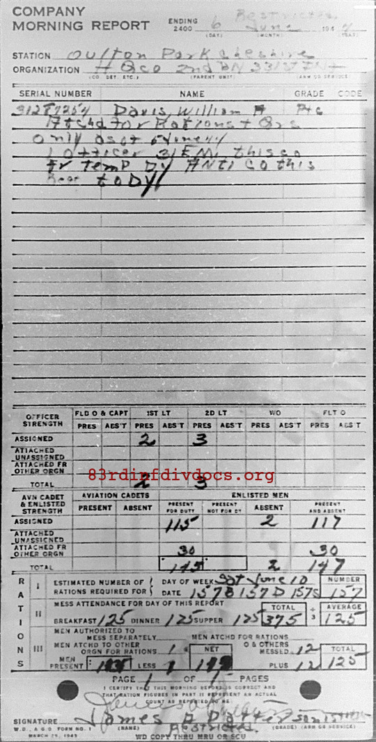Morning report HQCO2BN Co, 1944-06-06, page 1 Morning report