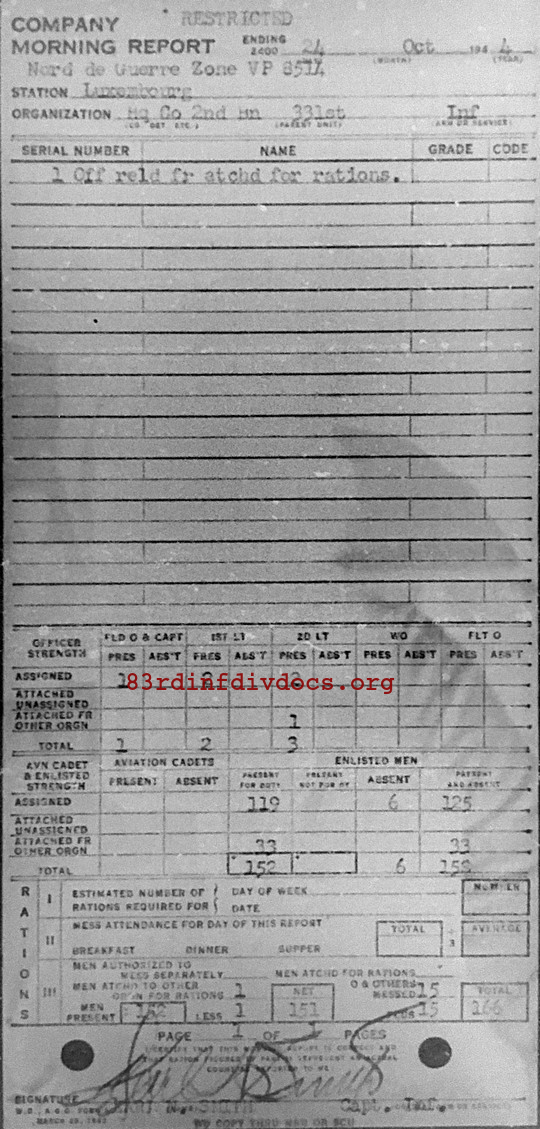 Morning report HQCO2BN Co, 1944-10-24, page 1 Morning report
