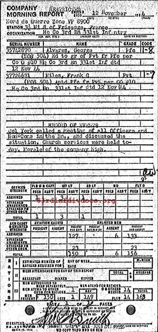 Morning report HQCO3BN Co, 1944-11-12, page 1 Morning report