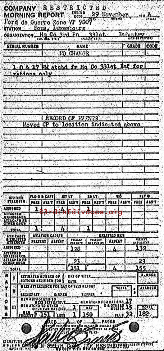 Morning report HQCO3BN Co, 1944-11-29, page 1 Morning report