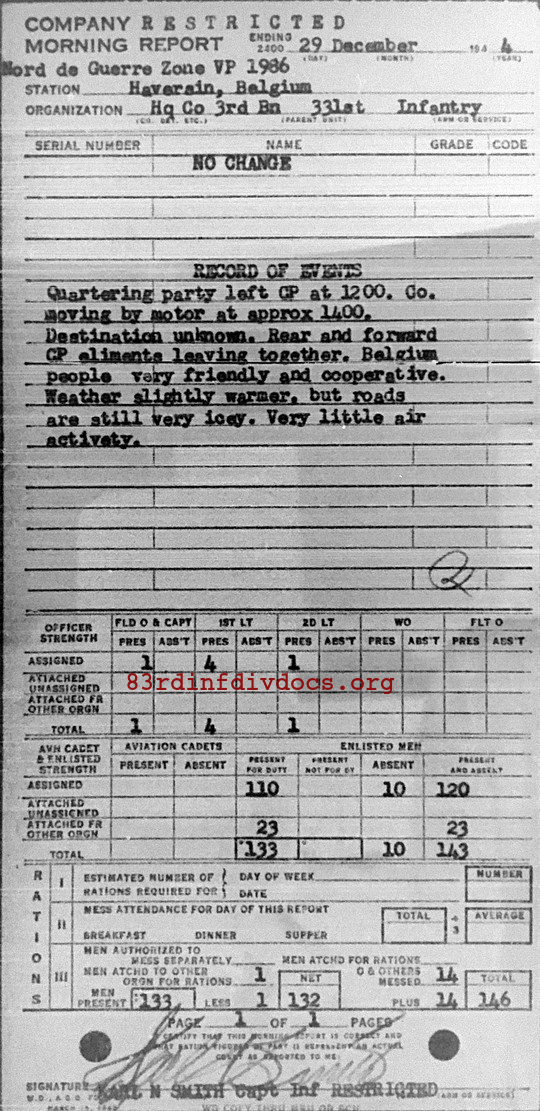 Morning report HQCO3BN Co, 1944-12-29, page 1 Morning report