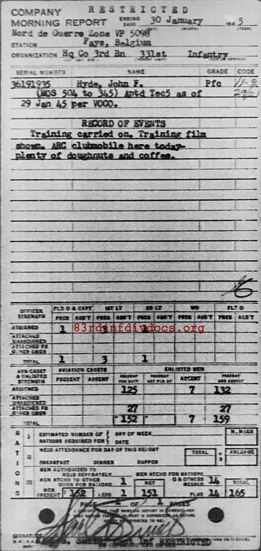 Morning report HQCO3BN Co, 1945-01-30, page 1 Morning report