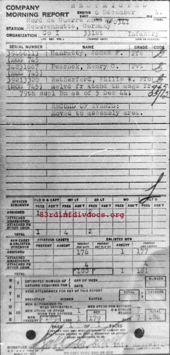 Morning report I Co, 1944-12-06, page 1 Morning report