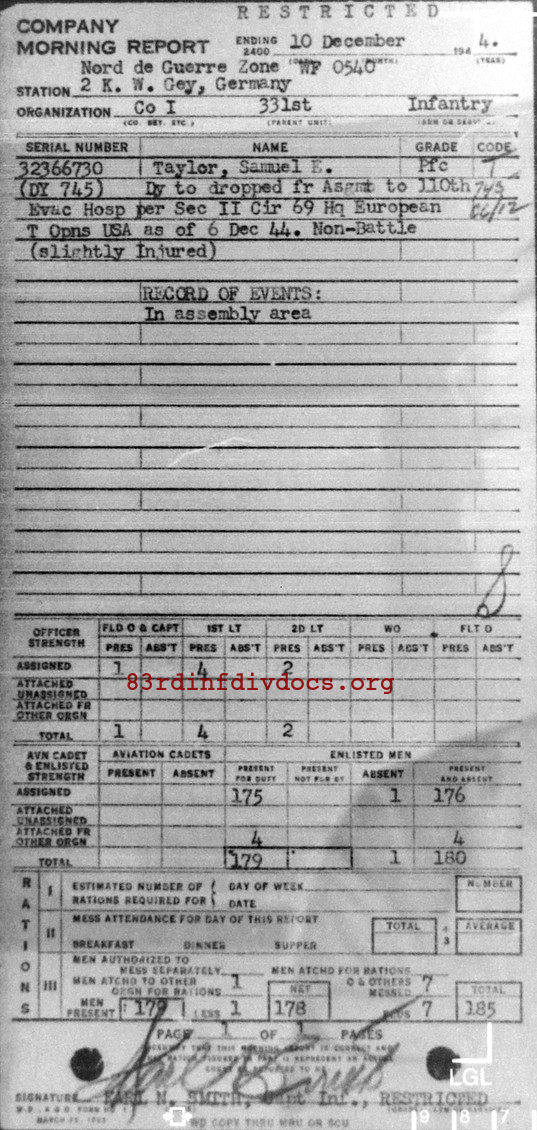 Morning report I Co, 1944-12-10, page 1 Morning report