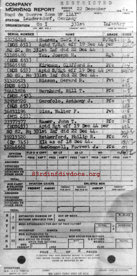 Morning report I Co, 1944-12-22, page 1 Morning report