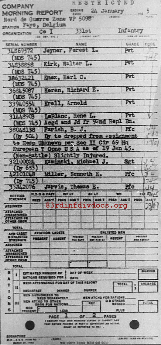 Morning report I Co, 1945-01-24, page 1 Morning report