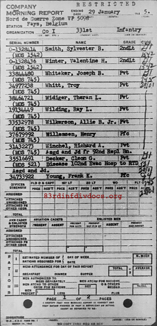 Morning report I Co, 1945-01-29, page 1 Morning report