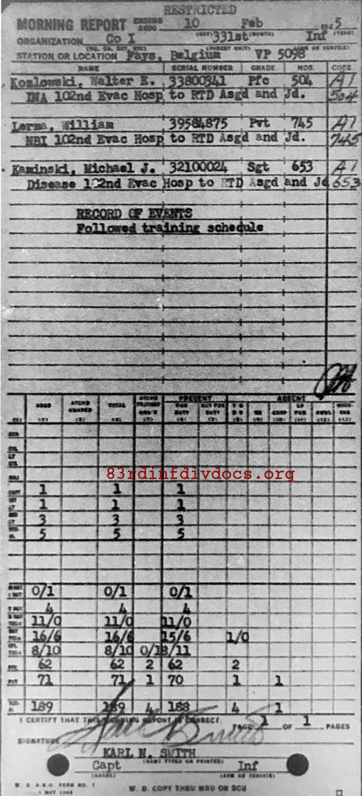 Morning report I Co, 1945-02-10, page 1 Morning report