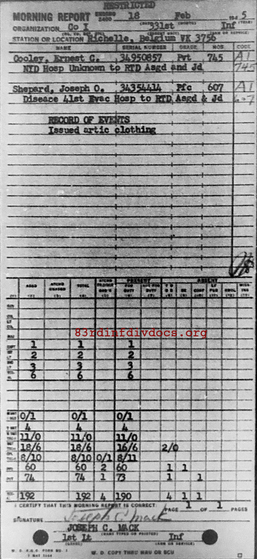 Morning report I Co, 1945-02-18, page 1 Morning report