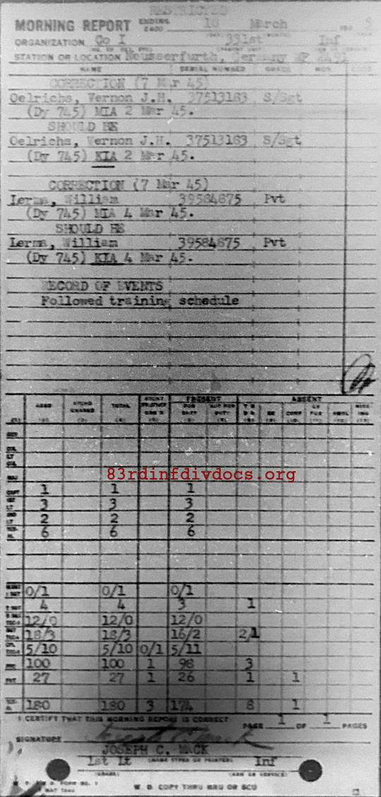 Morning report I Co, 1945-03-10, page 1 Morning report