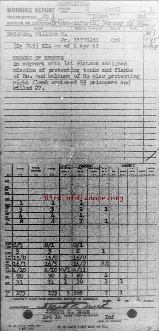 Morning report I Co, 1945-04-02, page 1 Morning report
