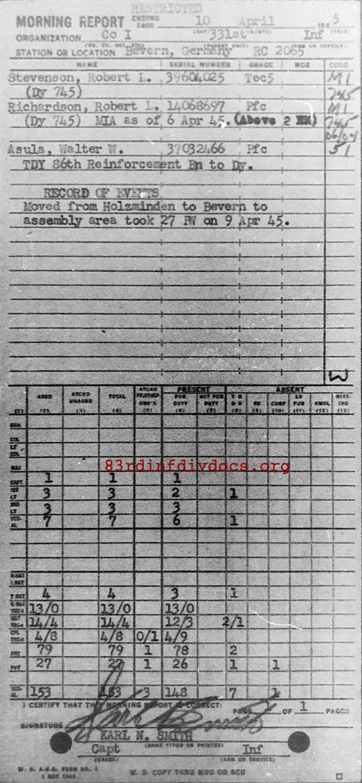 Morning report I Co, 1945-04-10, page 1 Morning report