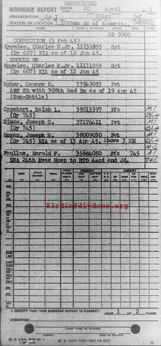 Morning report I Co, 1945-04-20, page 1 Morning report