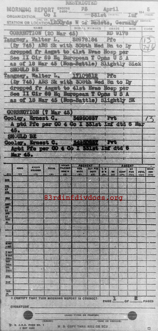 Morning report I Co, 1945-04-25, page 1 Morning report