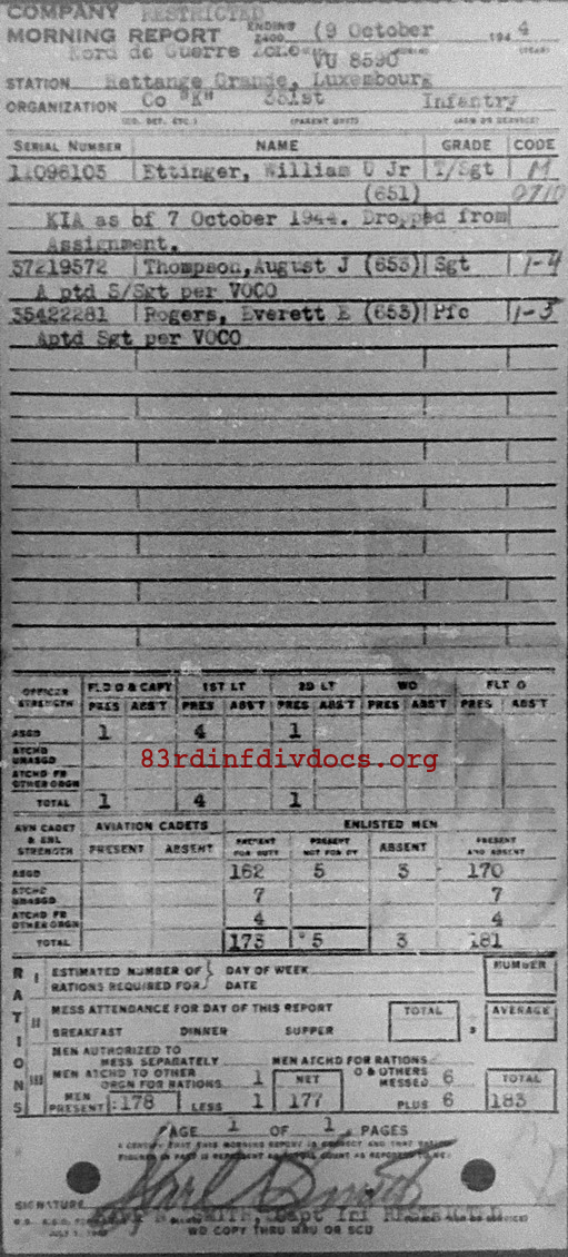Morning report K Co, 1944-10-09, page 1 Morning report