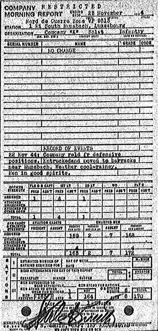 Morning report K Co, 1944-11-23, page 1 Morning report