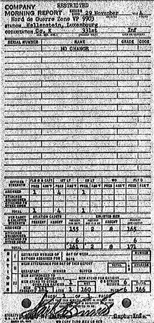 Morning report K Co, 1944-11-29, page 1 Morning report