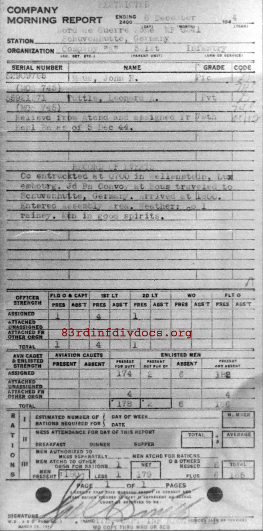 Morning report K Co, 1944-12-06, page 1 Morning report
