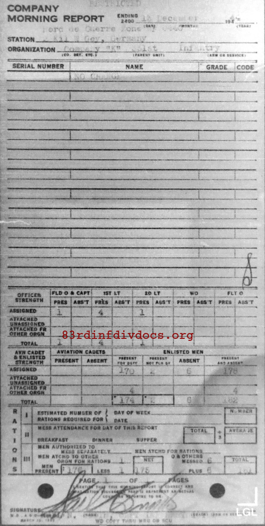 Morning report K Co, 1944-12-13, page 1 Morning report