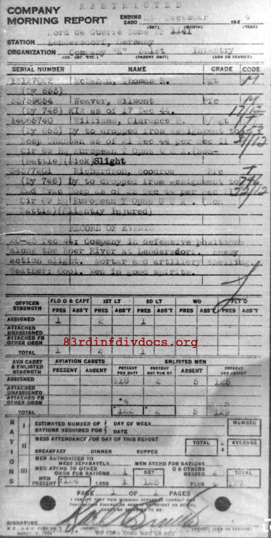 Morning report K Co, 1944-12-23, page 1 Morning report