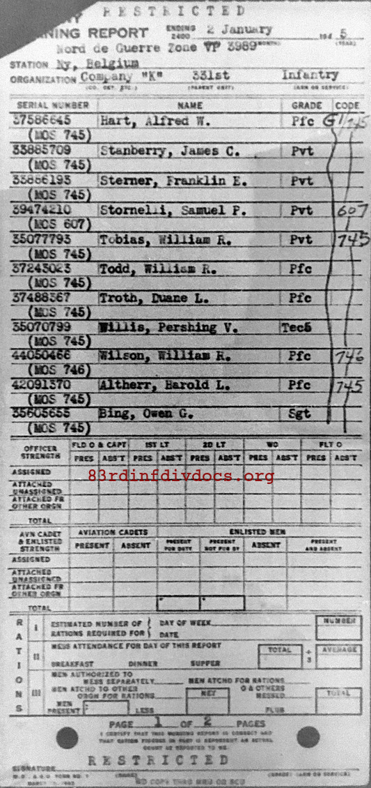 Morning report K Co, 1945-01-02, page 1 Morning report