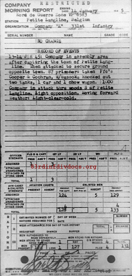 Morning report K Co, 1945-01-14, page 1 Morning report