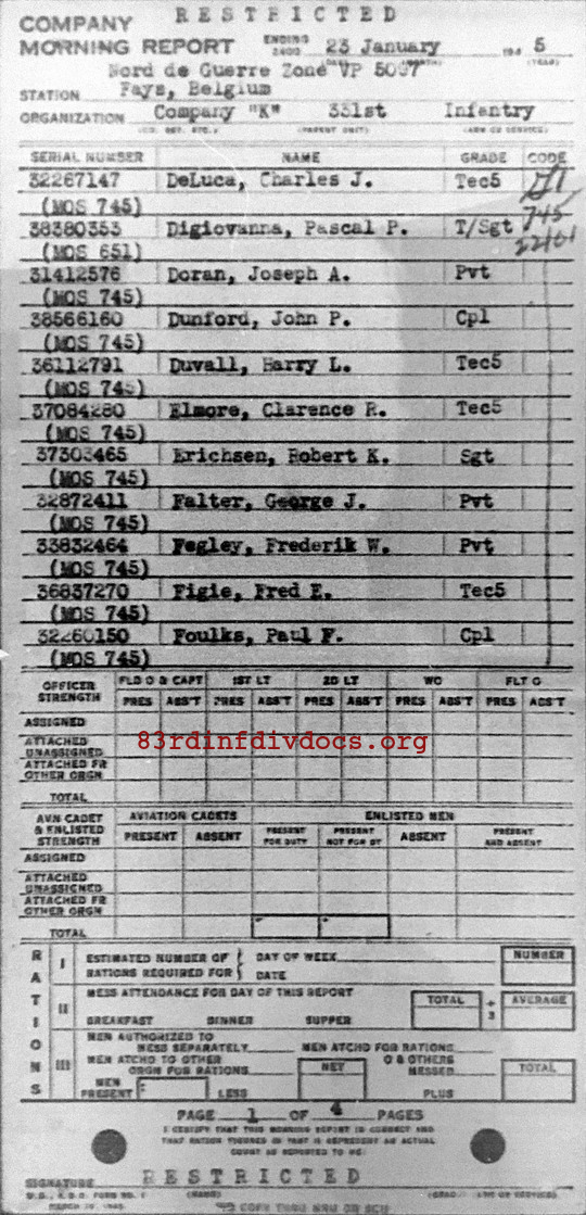 Morning report K Co, 1945-01-23, page 1 Morning report