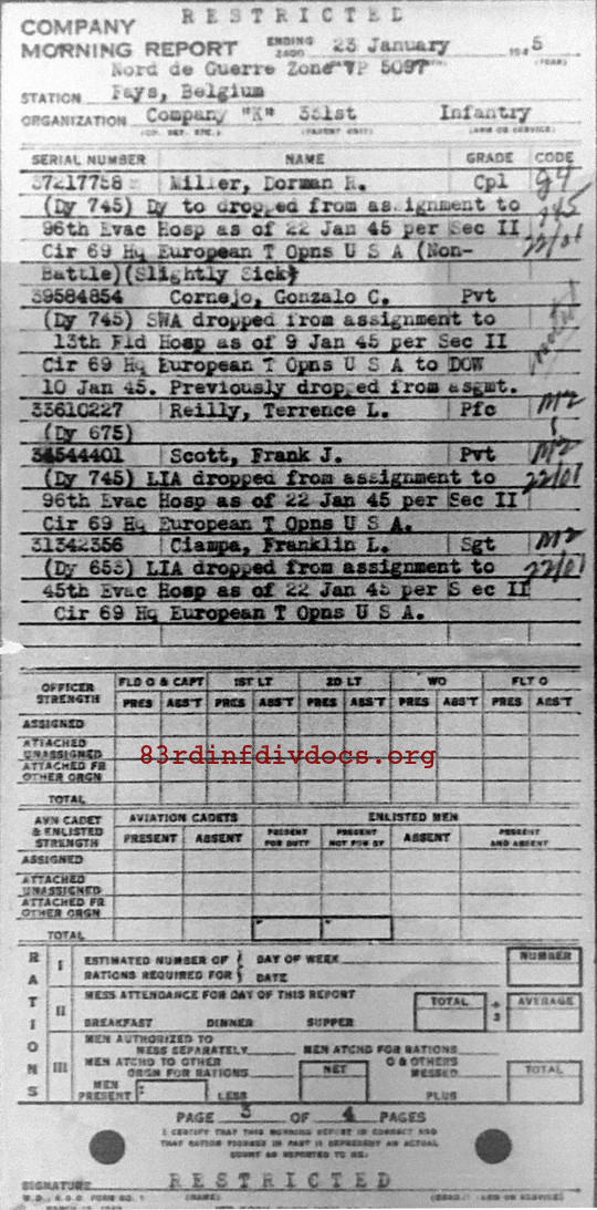 Morning report K Co, 1945-01-23, page 3 Morning report