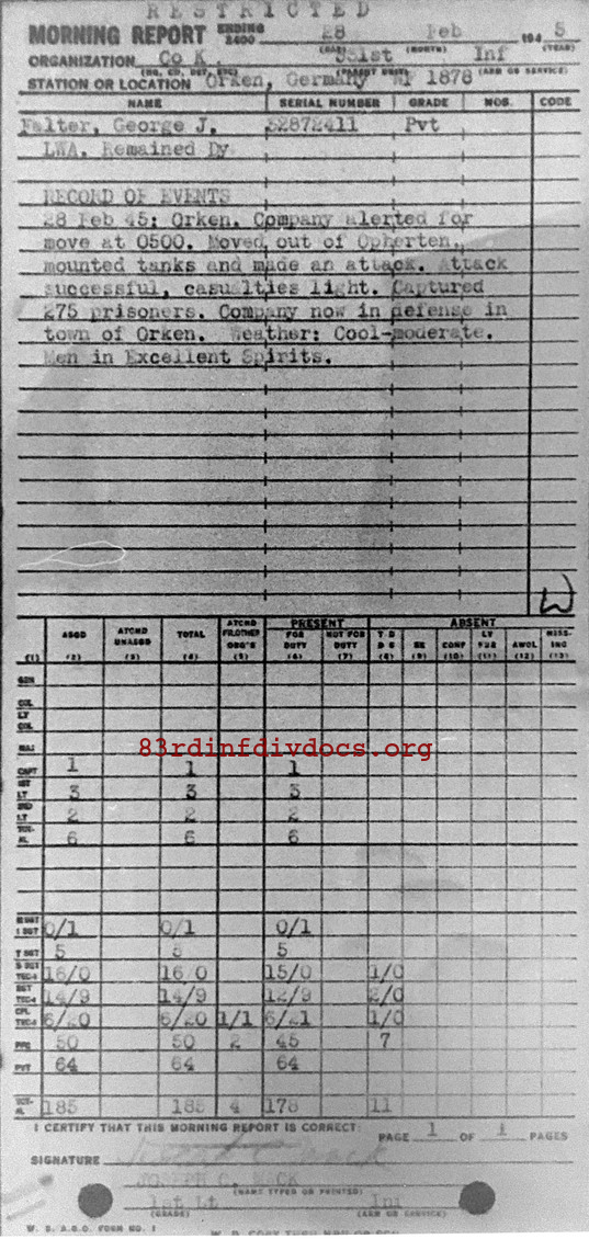 Morning report K Co, 1945-02-28, page 1 Morning report