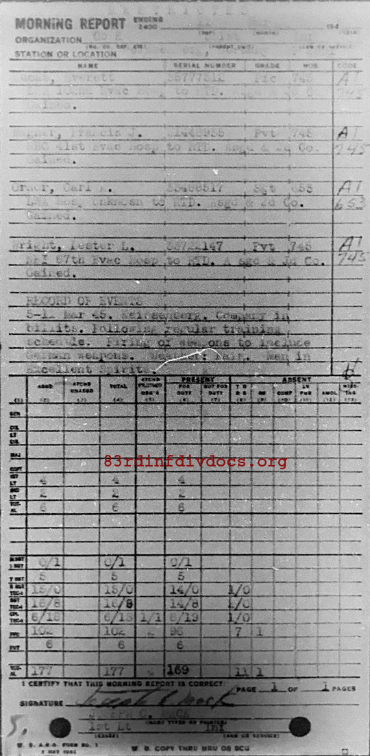 Morning report K Co, 1945-03-11, page 1 Morning report