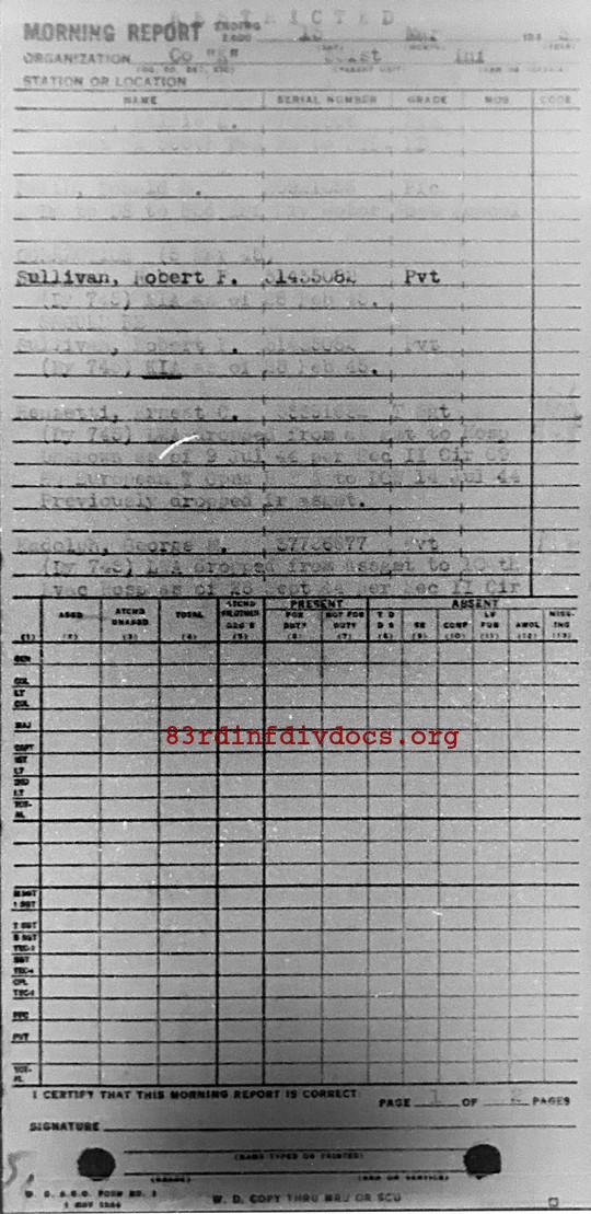 Morning report K Co, 1945-03-13, page 1 Morning report