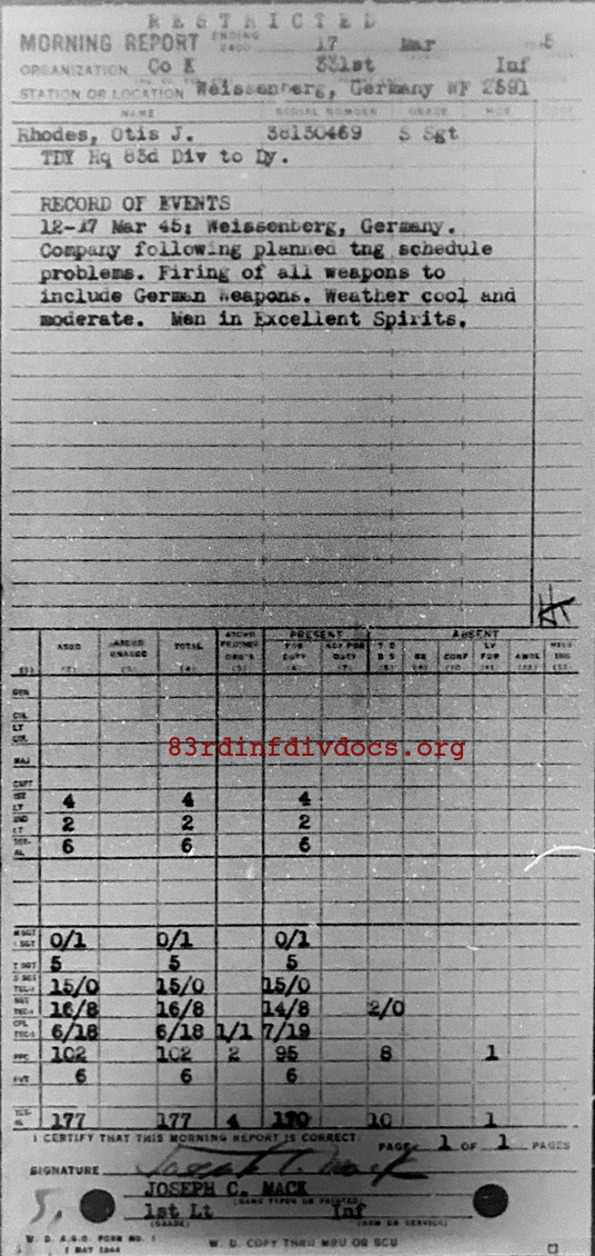 Morning report K Co, 1945-03-17, page 1 Morning report