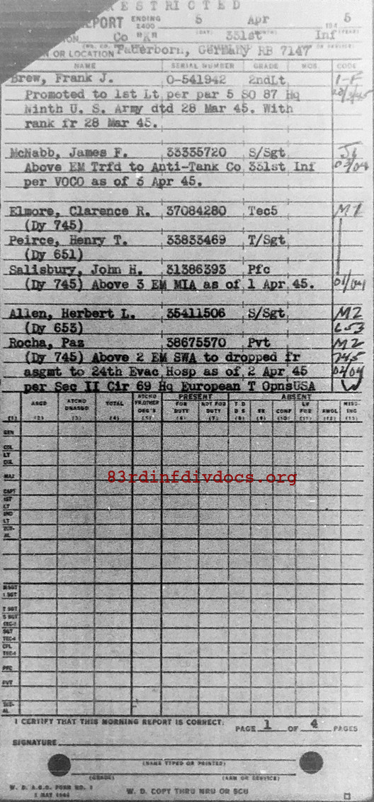 Morning report K Co, 1945-04-05, page 1 Morning report