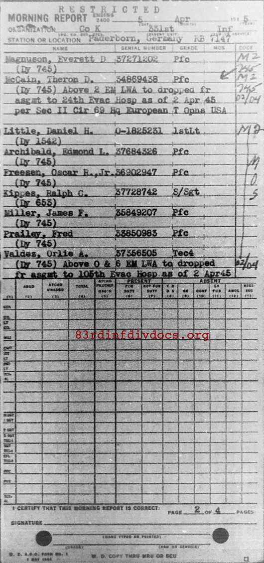 Morning report K Co, 1945-04-05, page 2 Morning report