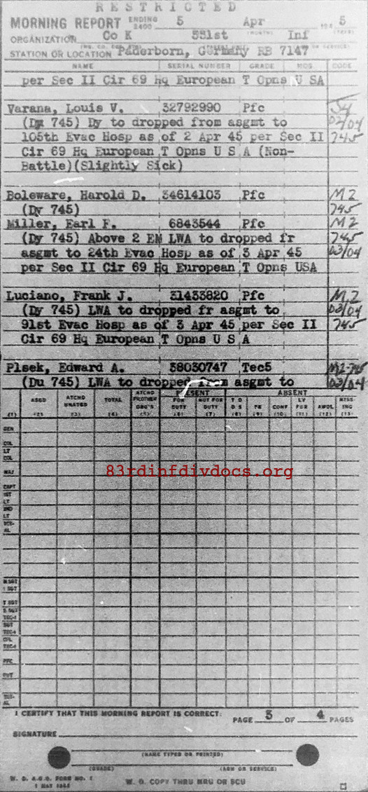 Morning report K Co, 1945-04-05, page 3 Morning report