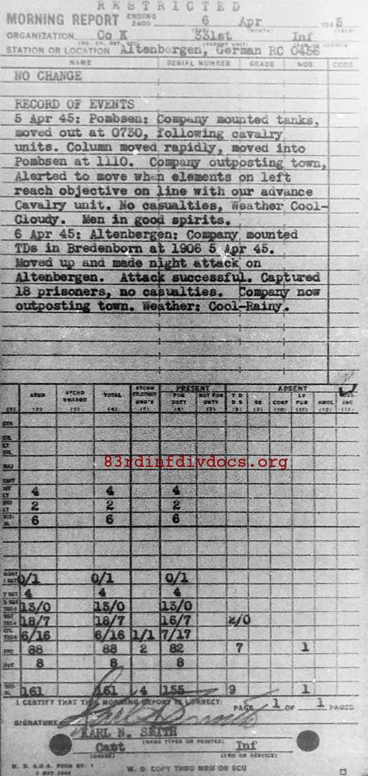 Morning report K Co, 1945-04-06, page 1 Morning report