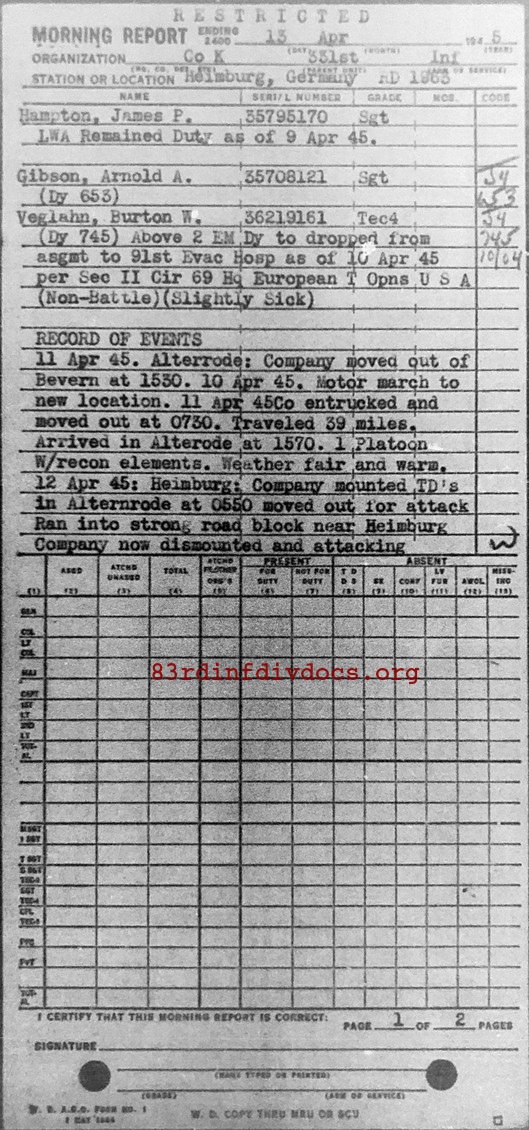 Morning report K Co, 1945-04-13, page 1 Morning report