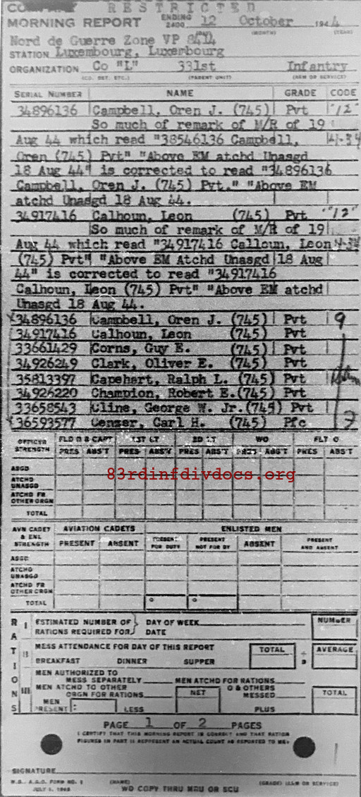 Morning report L Co, 1944-10-12, page 1 Morning report
